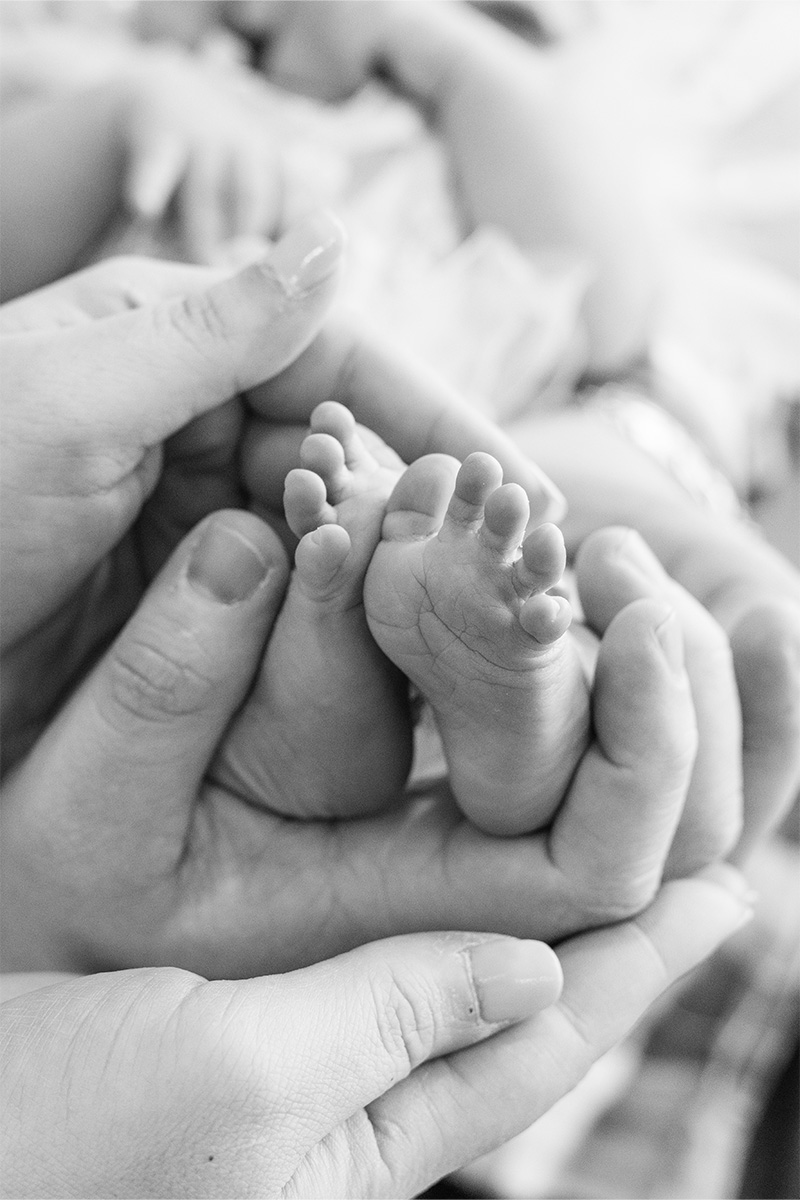 An adult gently holds a newborn baby's feet in their hands. Captured in black and white by a Long Island photographer, the image beautifully highlights the tender connection between parent and child.